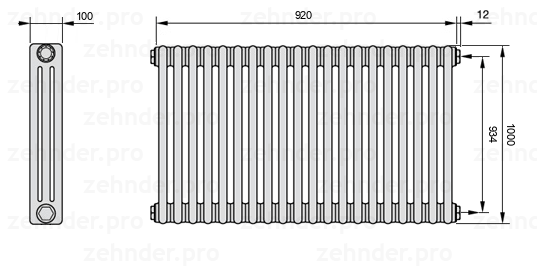 Схема (чертеж) Радиатор Zehnder Charleston 3100/20 №7610 Белый глянцевый RAL 9016